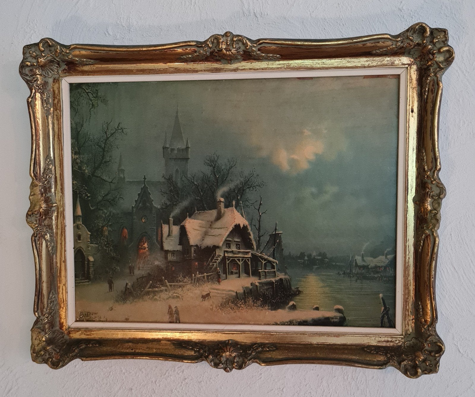 Winterlandschap afbeelding in barok lijst, Antiek en Kunst, Ophalen