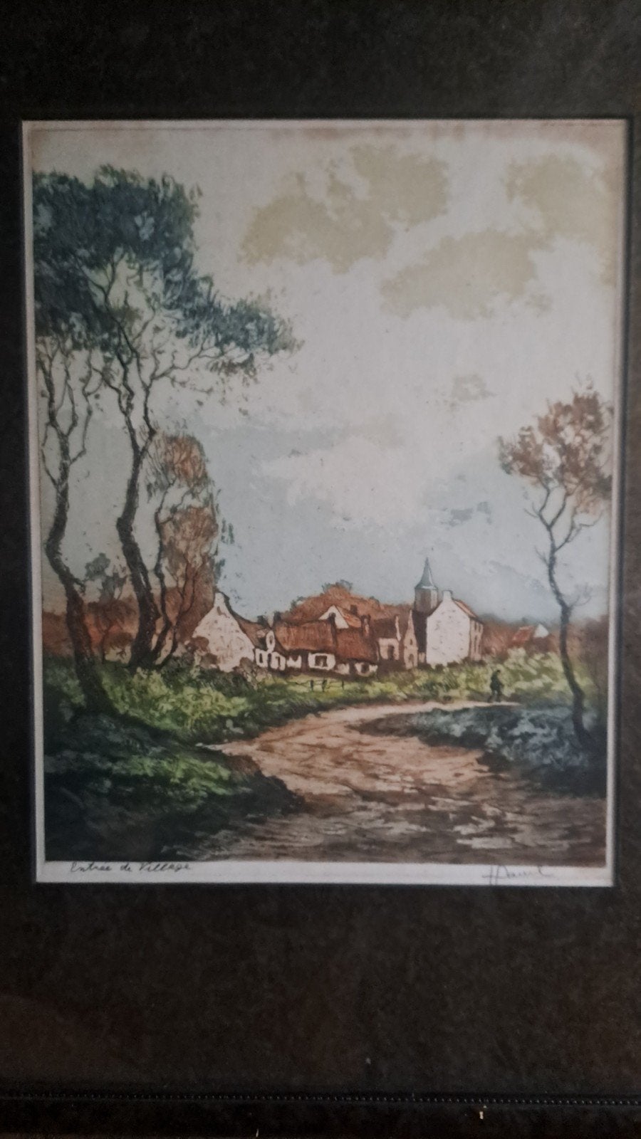 Gekleurde ets 'Entree du Village' door François Davril, Antiek en Kunst, 44 cm, Dagelijks leven, Ophalen of Verzenden, Gesigneerd