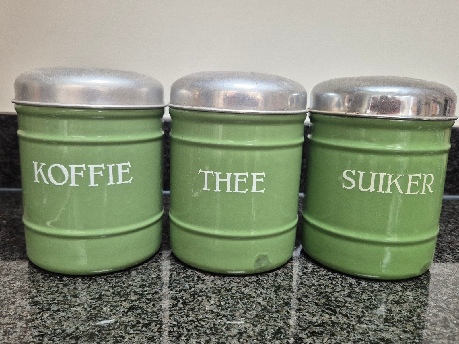 Vintage voorraadpotten: Koffie, Thee, Suiker (groen), Antiek en Kunst, Antiek | Emaille, Ophalen
