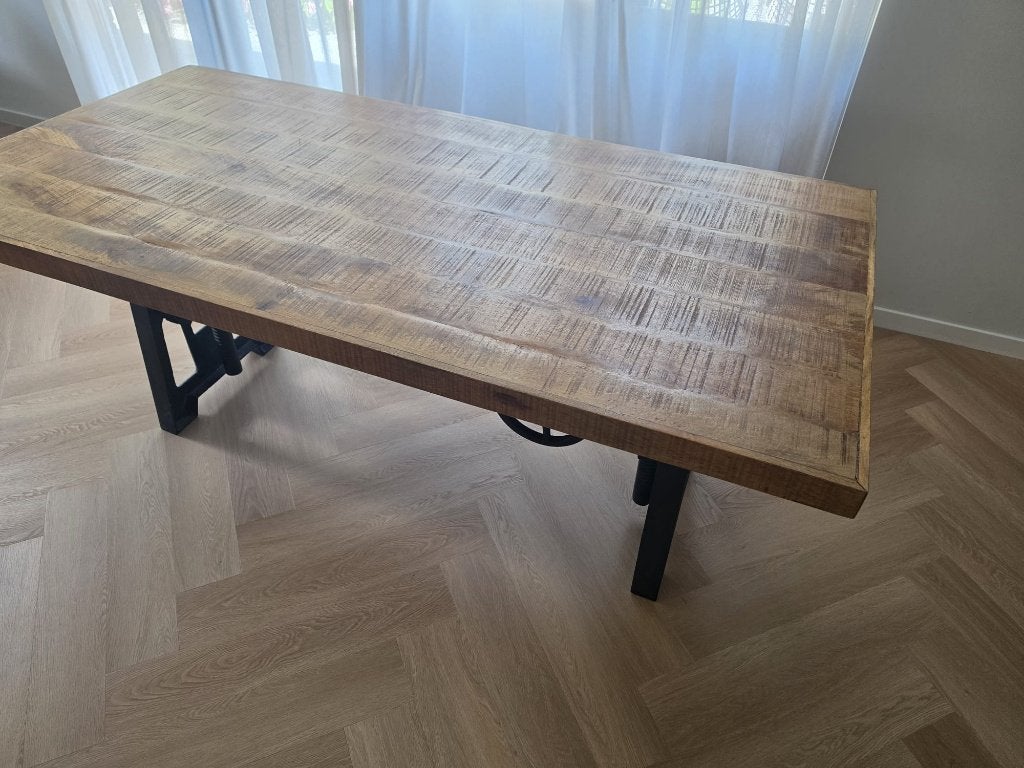 Industriële verstelbare eettafel met gietijzeren onderstel, Ophalen, 100 tot 150 cm, 200 cm of meer, Zo goed als nieuw