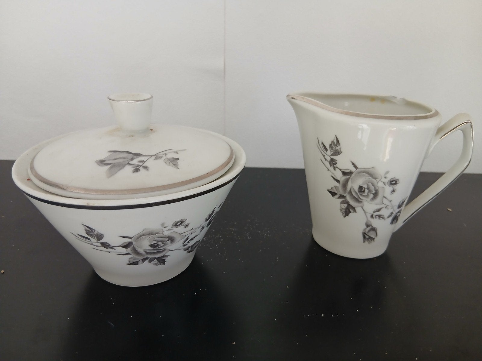 Vintage Suikerpot en Melkkan met Rozenpatroon, Ophalen of Verzenden
