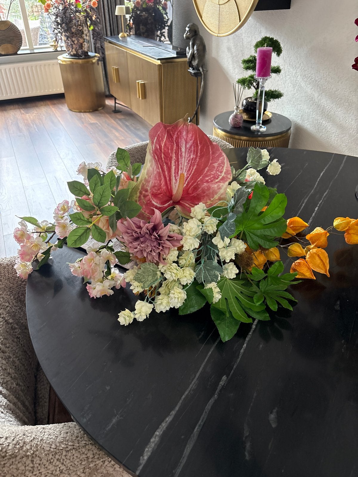 Prachtig kunstboeket met Anthurium en Lampionplant, Binnen, Textiel, Ophalen of Verzenden, Zo goed als nieuw