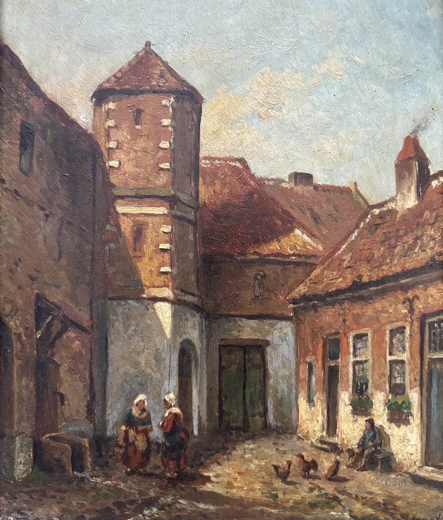 Hollandse school (XX) JvV-Stadsgezicht met figuren en kippen, Antiek en Kunst, Kunst | Schilderijen | Klassiek, Paneel, Ophalen of Verzenden
