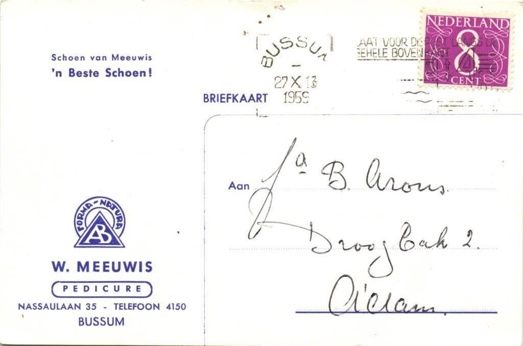 W. Meeuwis, Pedicure, Bussum - 10.1959 - briefkaart, Ophalen of Verzenden, Briefkaart