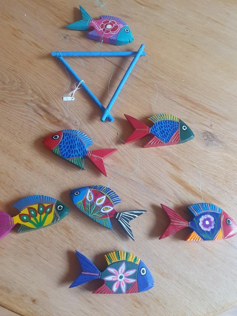 Kleurrijke houten vissen mobiel/decoratie, Huis en Inrichting, Woonaccessoires | Overige, Hout, Gebruikt, Meerkleurig, Overige stijlen