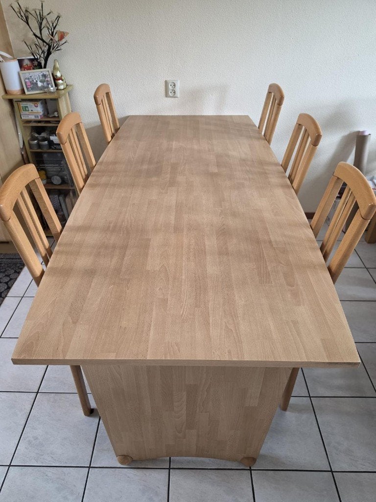 Eettafel met 6 stoelen - Licht hout en blauwe bekleding, Hout, Gebruikt, Modern, Functioneel, 75 tot 100 cm