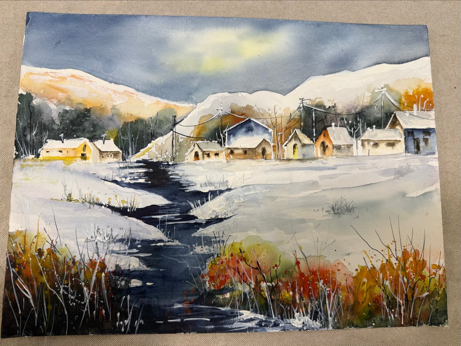 Handgemaakt Aquarel Schilderij - Winters Landschap, Realistisch, Ophalen of Verzenden, Aquarel, Papier