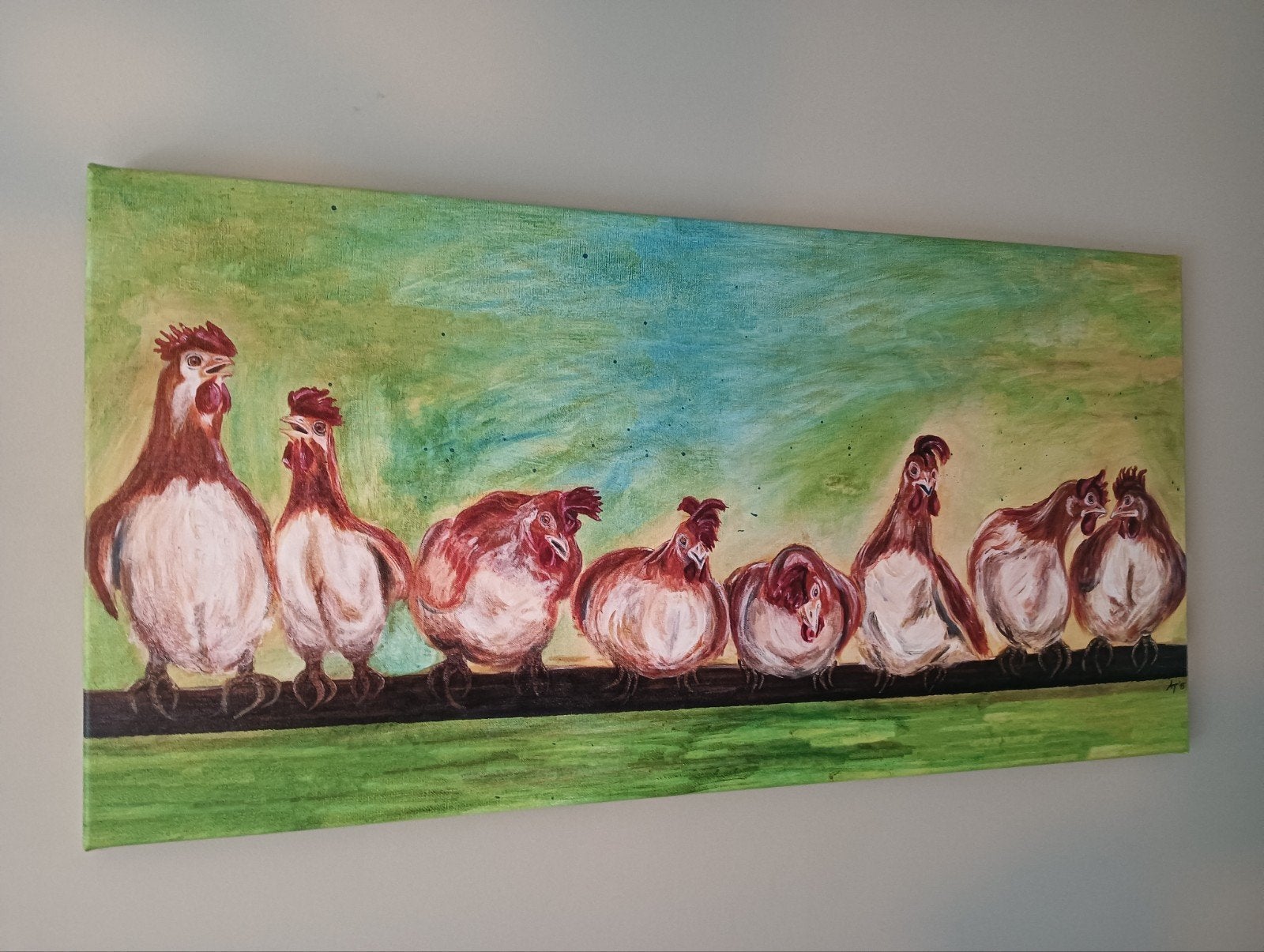 Schilderij: Vrolijke Kippen op een Rij (100x50cm), Antiek en Kunst, Ophalen