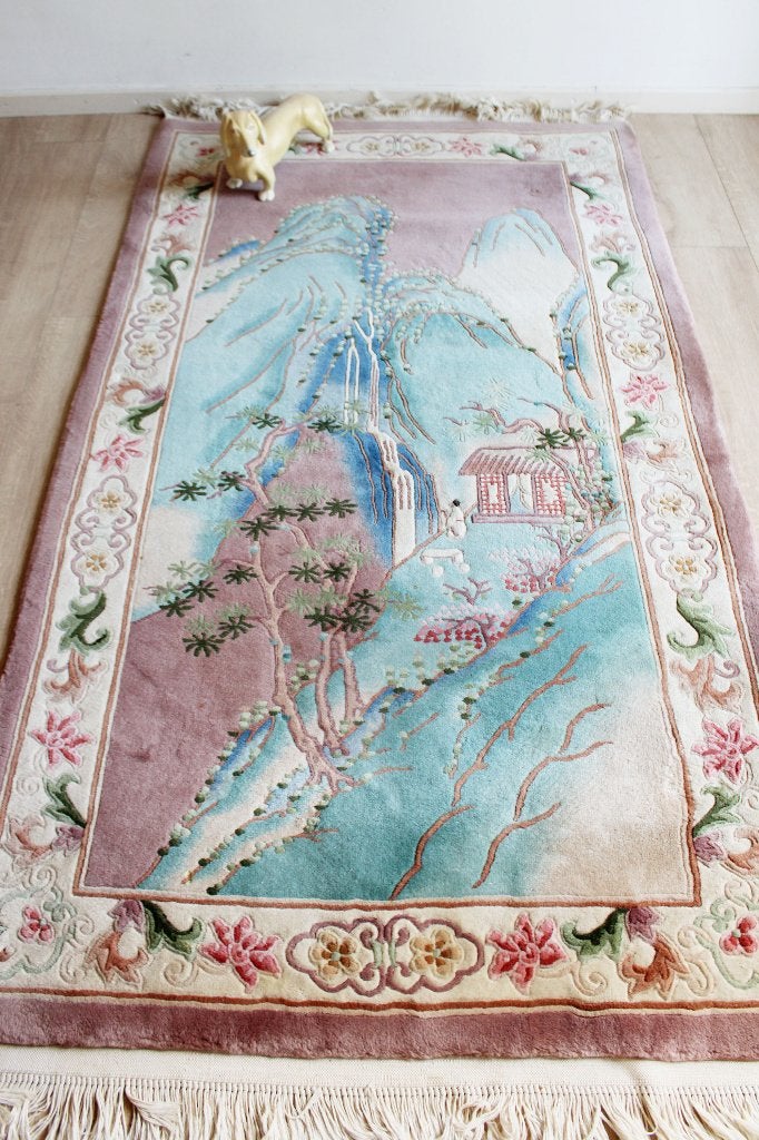 Roze / pastel Chinees tapijt. Oosters vintage kleed, Ophalen, Blauw, O, 200 cm of meer