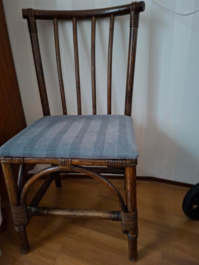 Set van 2 rotan stoelen met stoffen zitting, Huis en Inrichting, Stoelen, Gebruikt, Twee, Bruin, Vintage, Landelijk