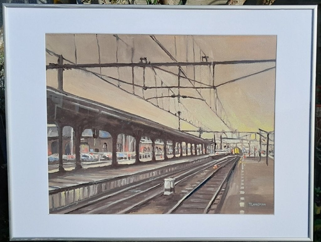 Tjeerd Landman; Vertrek, station, spoorwegen en de NS trein, Doek, Impressionistisch, Ophalen of Verzenden, Landschap