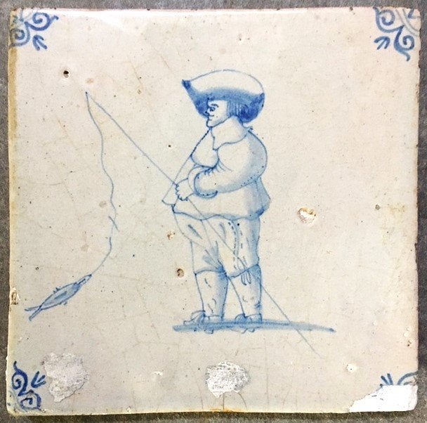 Tegel Antiek Visser Hengelaar Bicker VOC, Antiek en Kunst, Antiek | Wandborden en Tegels, Ophalen of Verzenden