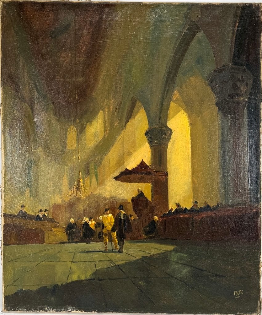 323. Olieverfschilderij - kerkinterieur, ca. 1920, Antiek en Kunst, Ophalen