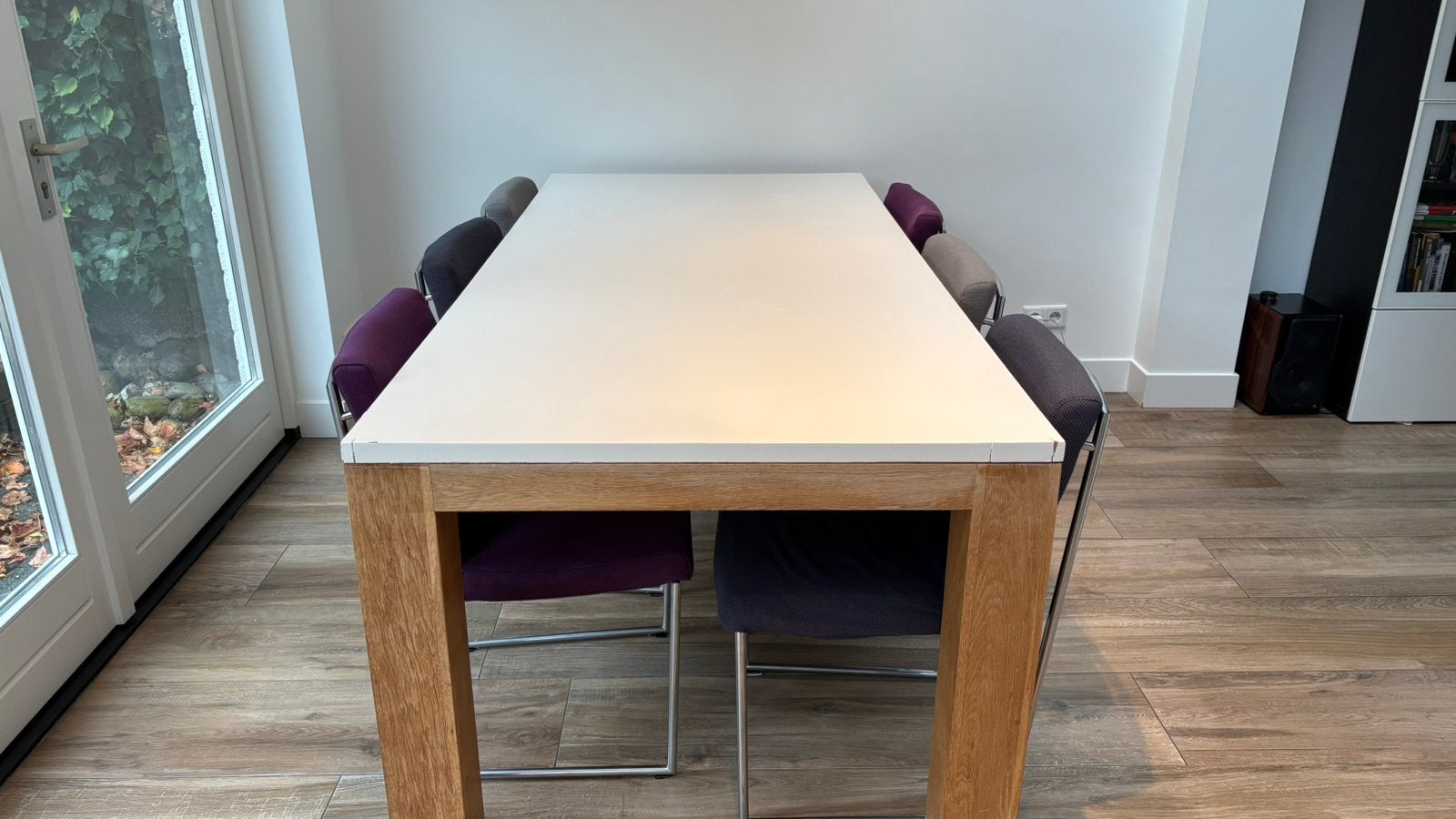 Eettafel 220 x 100 cm eikenhout fineer met wit blad, Ophalen, Gebruikt, 100 tot 150 cm, Eikenhout