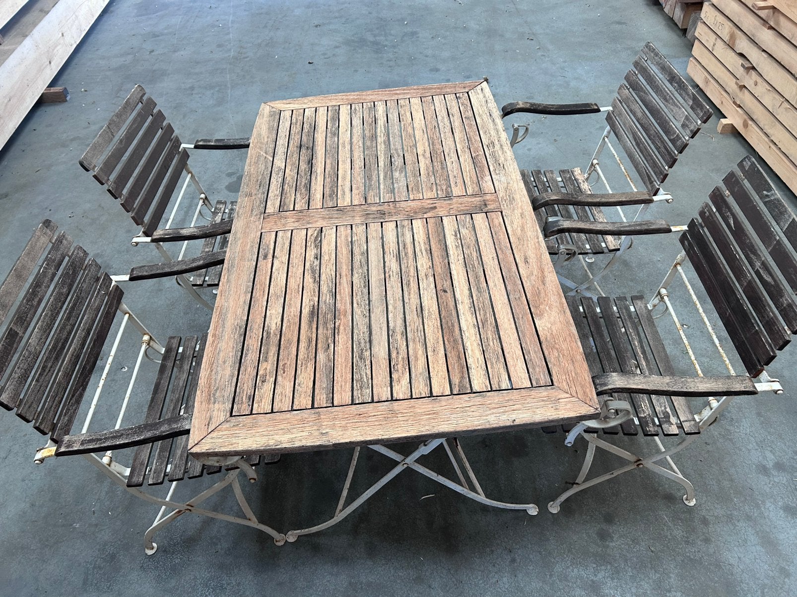 Tuinset smeedijzer inklapbaar bistro 4 stoelen lounge tafel, Ophalen, Gebruikt, Rechthoekig, Hout