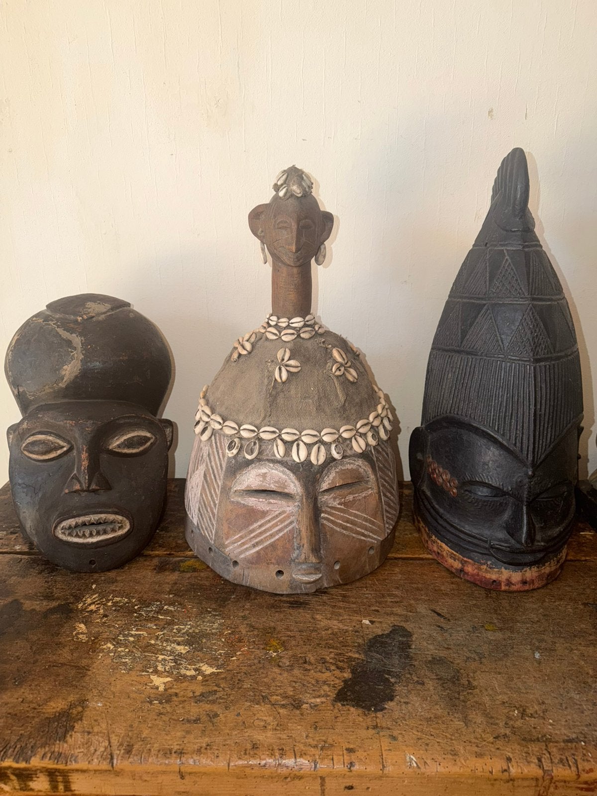 3 zeldzame antieke afrikaanse helmmaskers, Ophalen of Verzenden