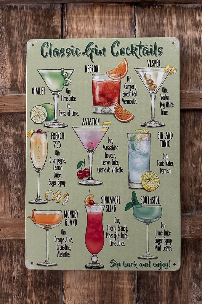 Classic Gin Cocktails reclamebord van metaal wandbord deco, Info@deconoord.nl, Deco Noord, Nieuw, Ophalen of Verzenden