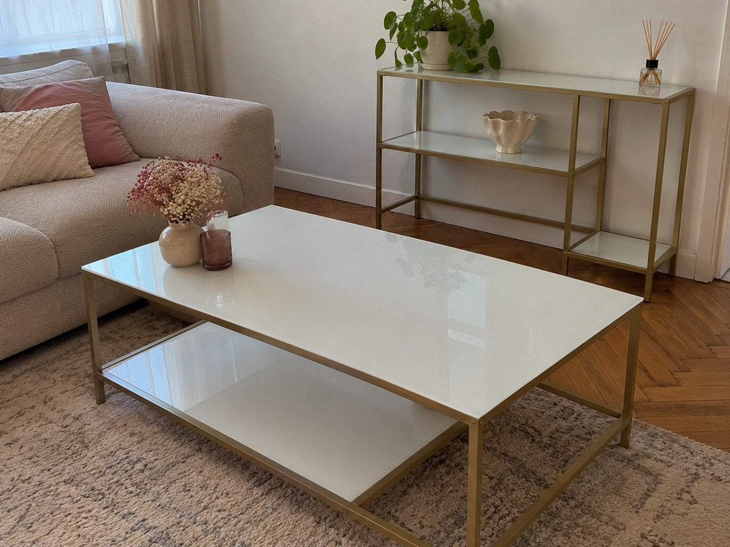 Salontafel en sidetable JYSK PANDRUP - wit/goud, Ophalen, 100 tot 150 cm, 50 tot 100 cm, Modern, Glamour