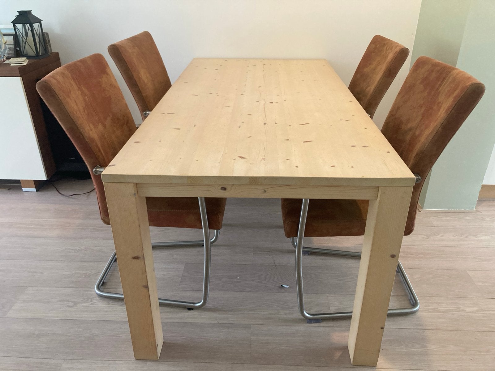 Houten eettafel (grenen) 6 personen, Ophalen, Gebruikt, 50 tot 100 cm, Vijf personen of meer