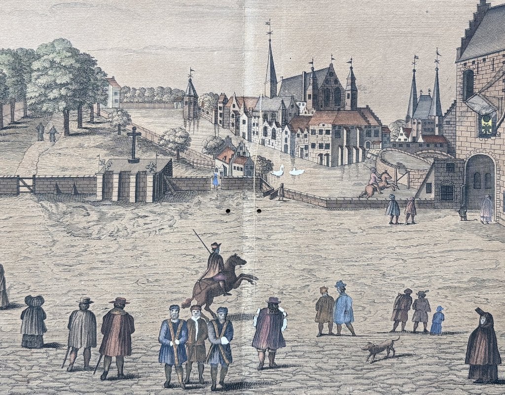 (1730) Gezicht op de Hofvijver en Binnenhof– Reinier Boitet, Verzenden, Stadsgezicht, 29 cm, Handgekleurd