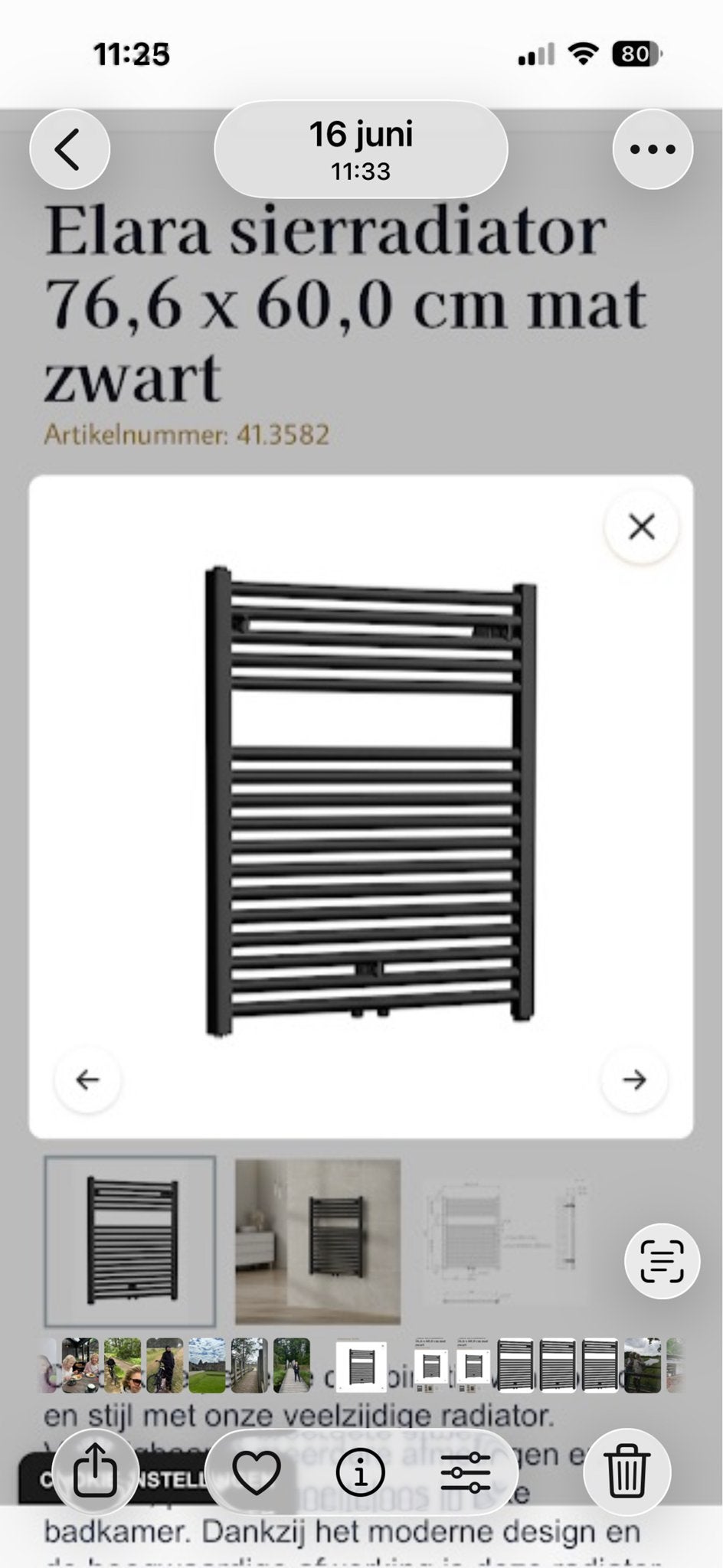 Elara sierradiator 76,6x60cm mat zwart, middenaansluiting, Ophalen, 30 tot 80 cm, Radiator, Zo goed als nieuw