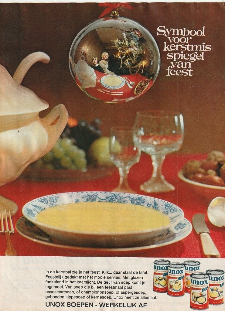 Retro reclame 1966 Unox soep Kerstmis in de kerstbal, Verzamelen, Verzenden, Overige typen