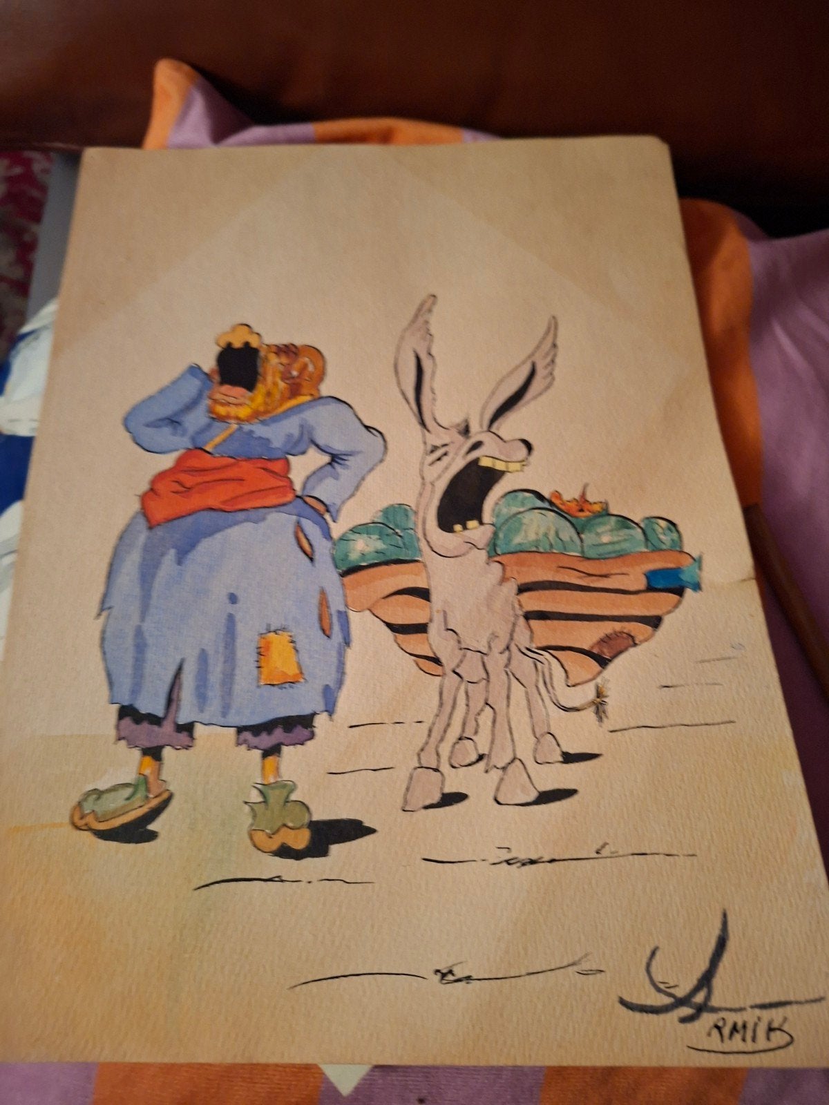 Grappige tekening van vrouw met ezel, gesigneerd RMIB, Ophalen, Tekening, Gemengde techniek, Gesigneerd