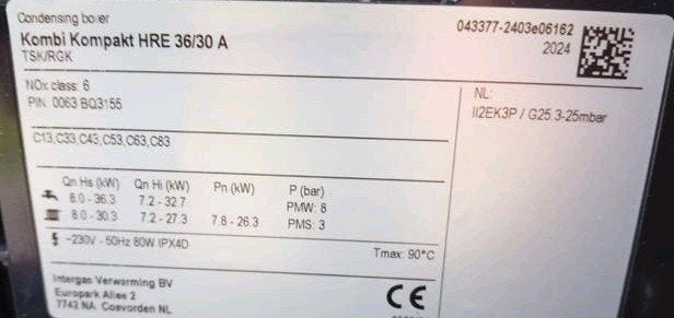 Intergas HRE 36/30 A 25.03.2025 geplaatst-met factuur🔥 CW5, Ophalen