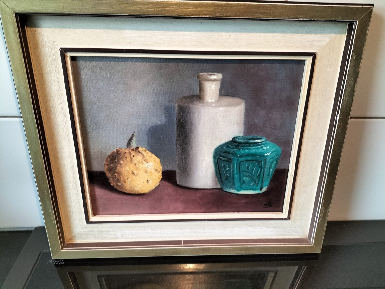 Stilleven met fles, gemberpot en pompoen, Ophalen of Verzenden