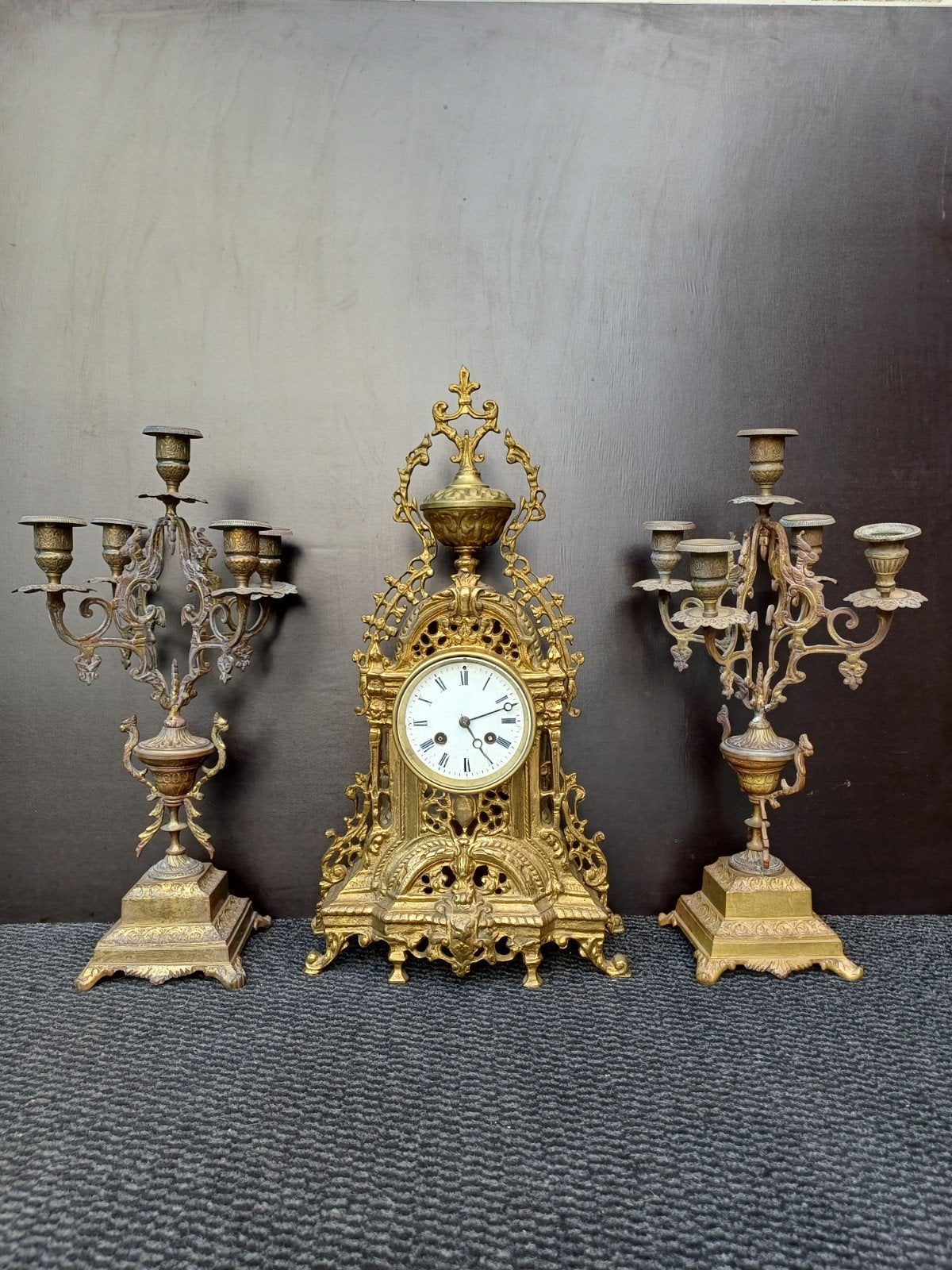 Antiek Bronzen Klokstel met Kandelaars, Antiek en Kunst, Ophalen of Verzenden