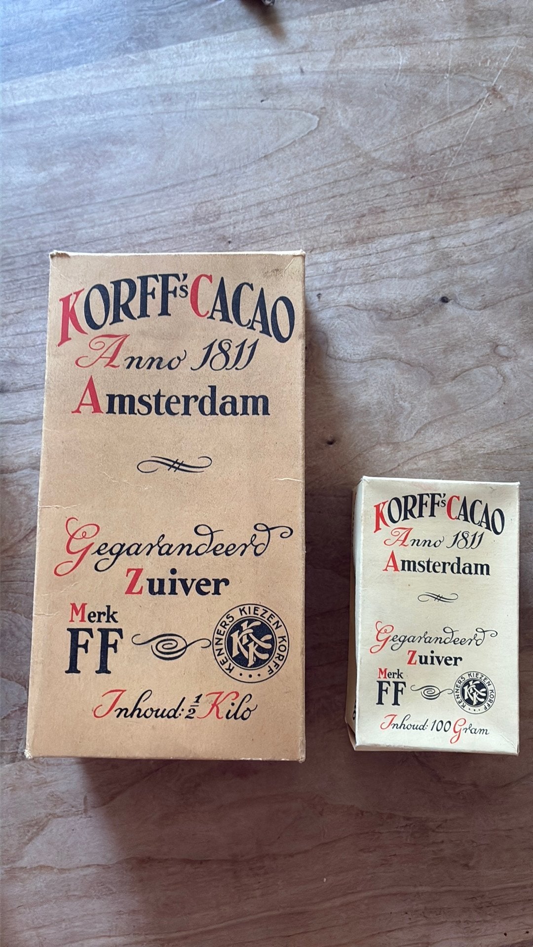 Korff Amsterdam cacao verpakkingen, Verzamelen, Merken en Reclamevoorwerpen, Ophalen of Verzenden, Gebruikt, Verpakking