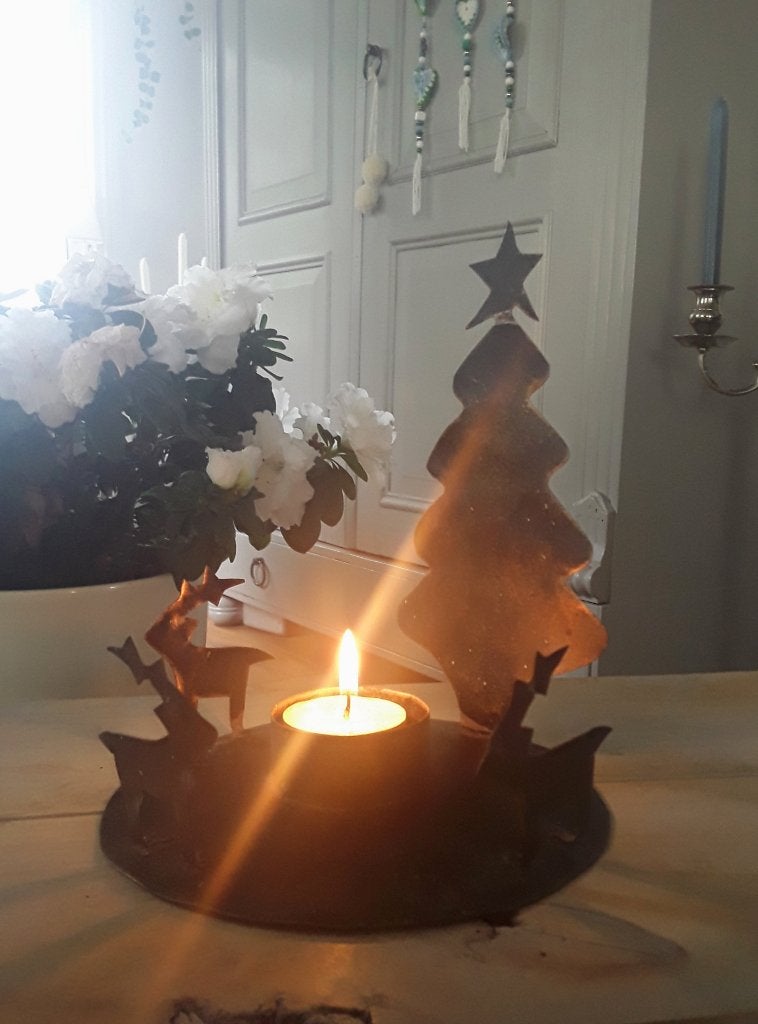Metalen waxinelichthouder met rendieren en kerstboom - brons, Ophalen of Verzenden, Gebruikt