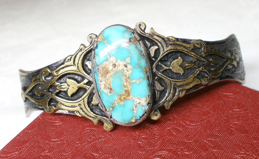 Antiek Perzisch turkoois armband Art Deco zeldzaam zilver950, Ophalen, Blauw, Zo goed als nieuw, Met edelsteen
