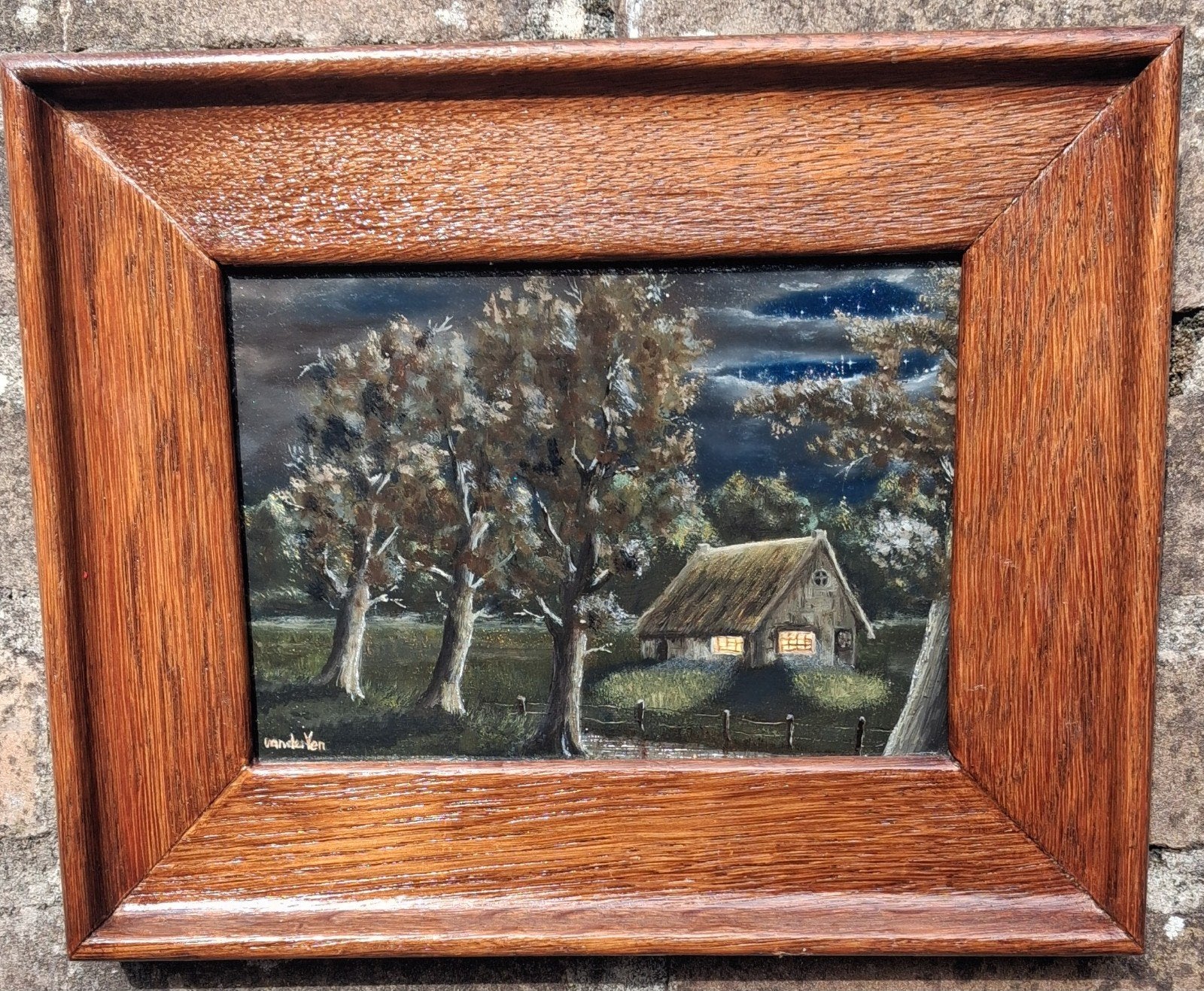 Er brandt nog licht bij de boerderij. Olie/eikenhout paneel., Antiek en Kunst, Kunst | Schilderijen | Klassiek, Ophalen, Paneel