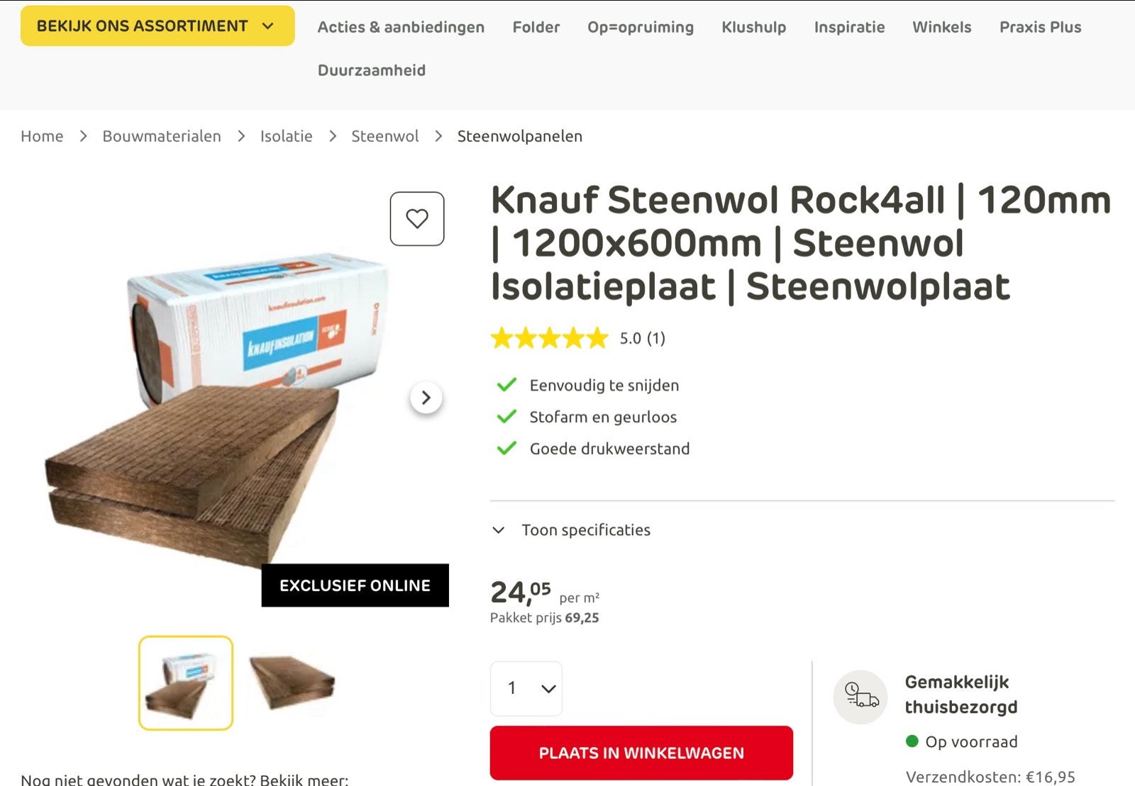 Knauf Steenwol Isolatieplaten 120mm - Nieuw Pak (2,88m²), 12 cm of meer, Nieuw, Steenwol, Ophalen of Verzenden