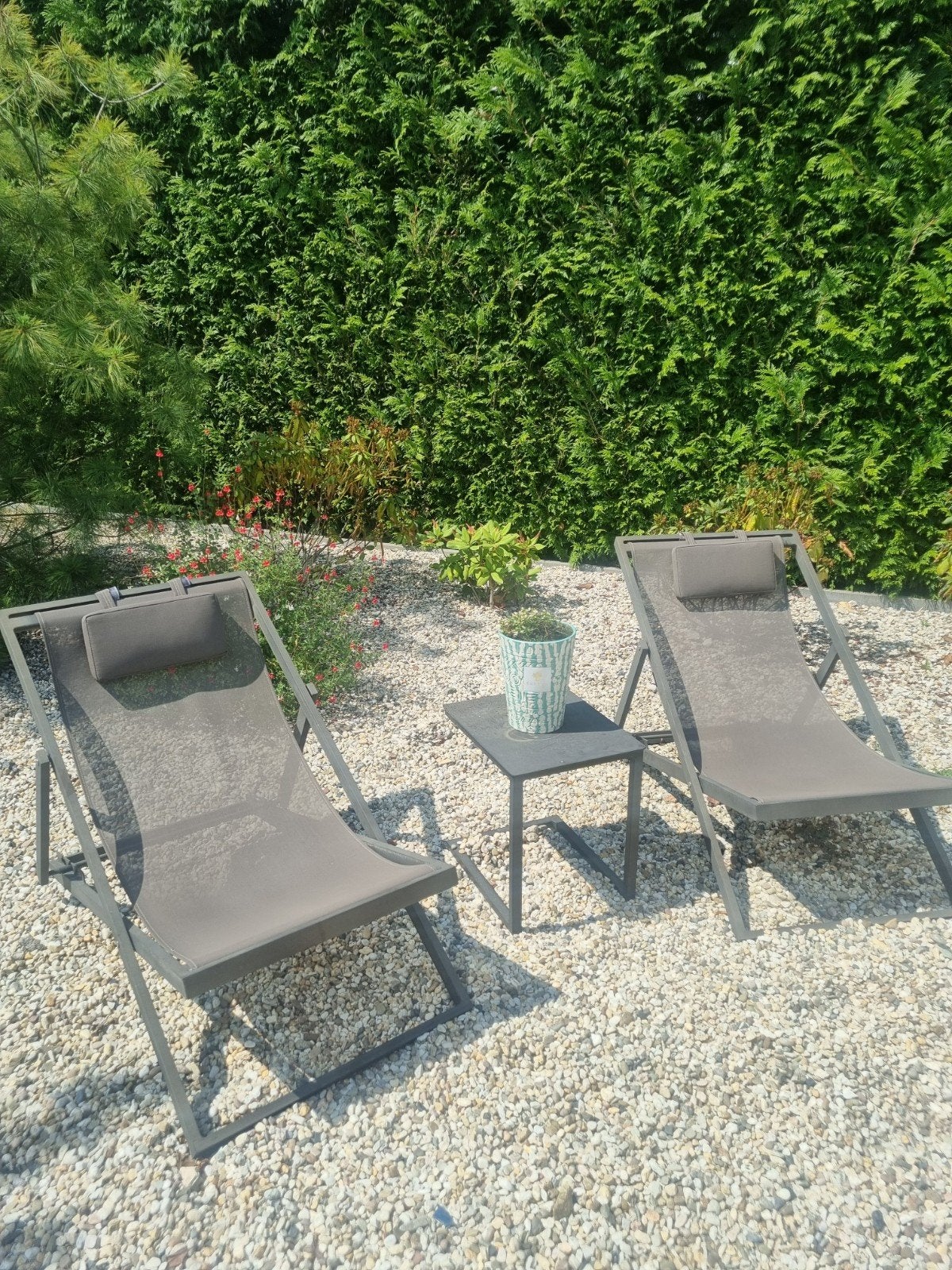 2x Ligstoel met bijzettafel - Tuinmeubelen, Tuin en Terras, Ligbedden, Ophalen of Verzenden, Gebruikt, Metaal, Verstelbaar