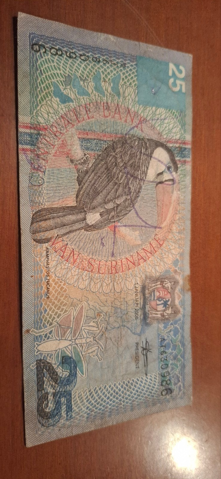 25 Gulden biljet Suriname 2000, Postzegels en Munten, Ophalen of Verzenden, Zuid-Amerika, Los biljet