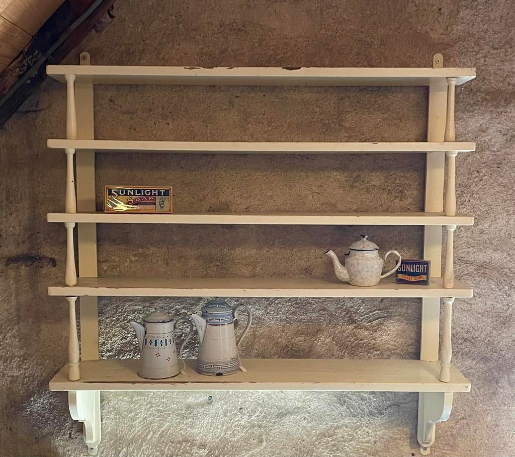 Brocante oud Frans groot regaal / wandrek 5 plankjes, Antiek en Kunst, Curiosa en Brocante, Ophalen