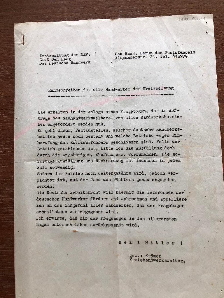 Circulaire Deutsch Arbeits Front uit Den Haag. Het begeleidt, Verzenden, Tweede Wereldoorlog, Gelezen, Overige onderwerpen