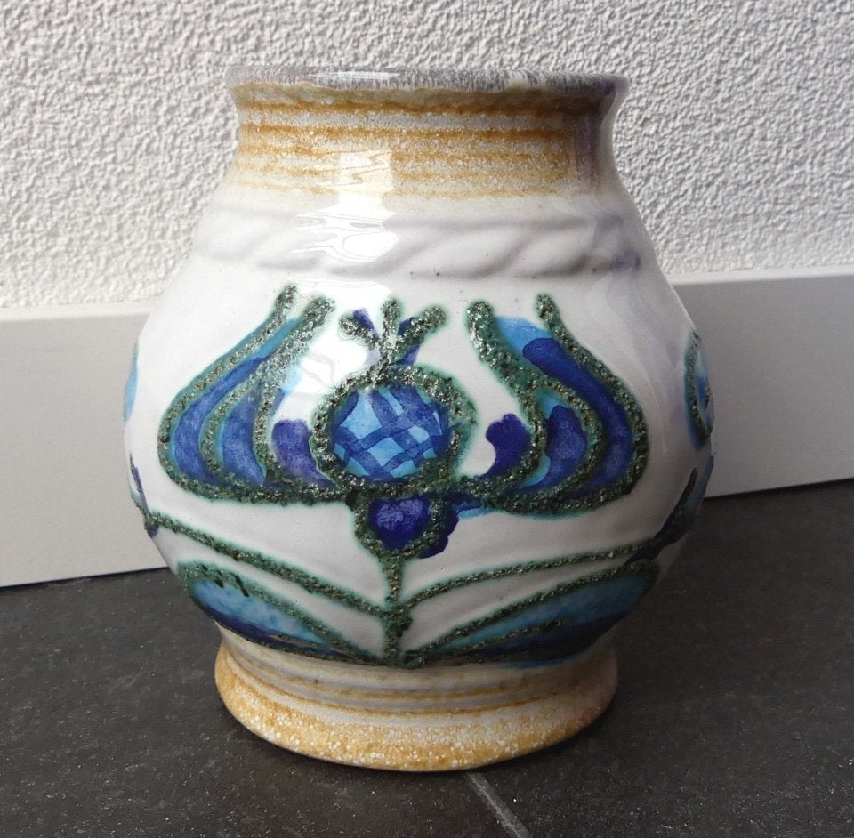 Strehla 1429 vintage vaas blauw distel fat lava West-Germany, Gebruikt, Steen/keramiek, Met patroon/structuur, Blauw