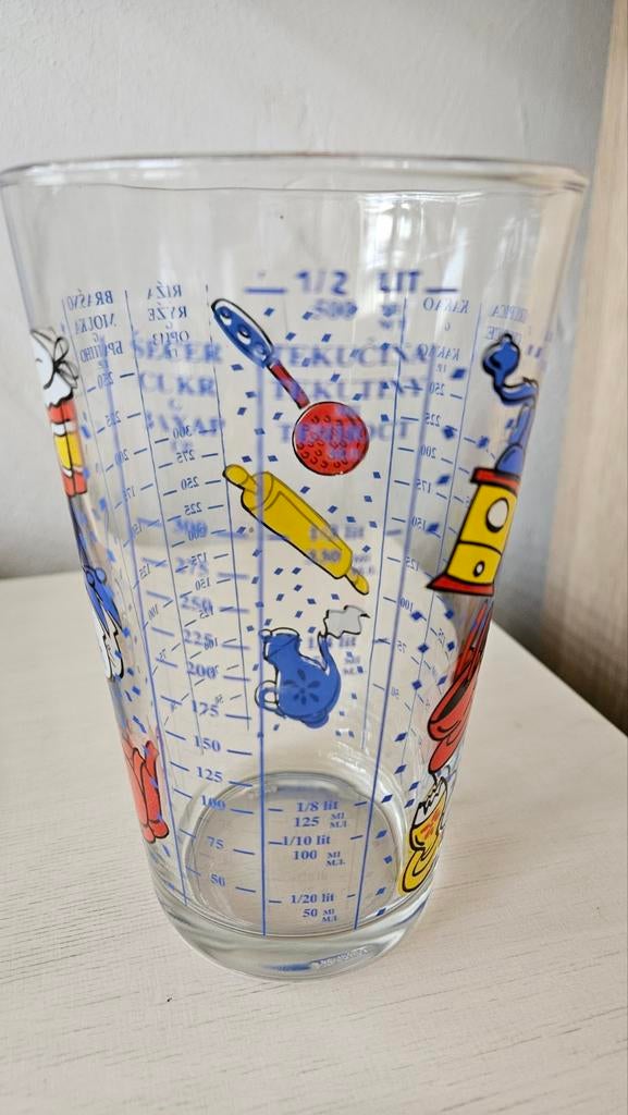 Vintage Glazen Maatbeker met Leuke Tekeningen, Ophalen of Verzenden, Zo goed als nieuw, Meerkleurig, Overige merken