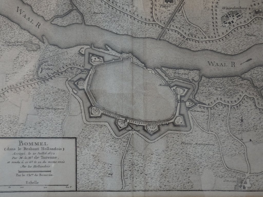 gravure Zaltbommel veroverd door Fransen 1672 J. de Beaurain, Cartografie, Ophalen of Verzenden, Gravure, Origineel