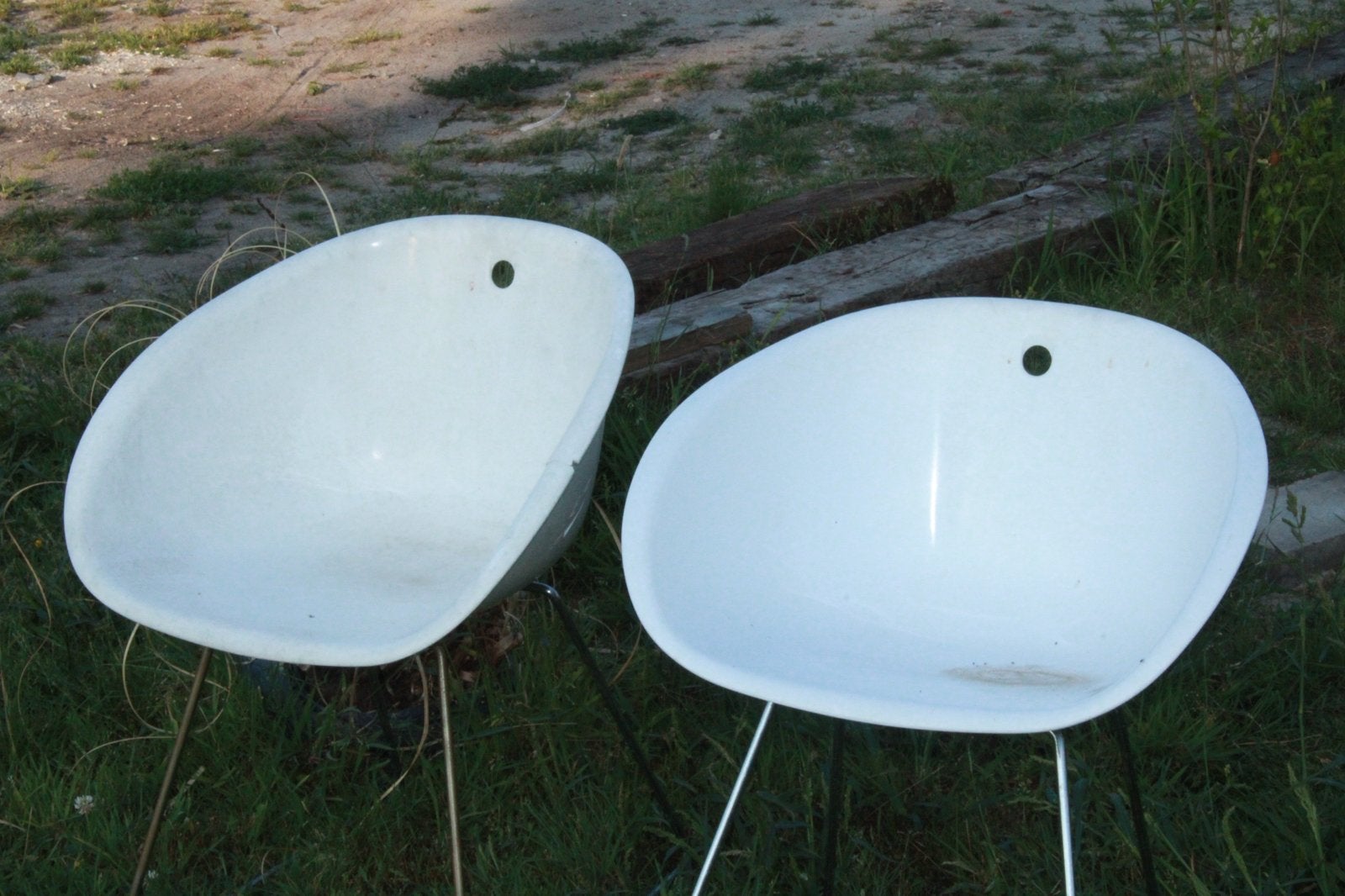 Twee vintage kuipstoelen, Ophalen, Kunststof, Gebruikt, Twee