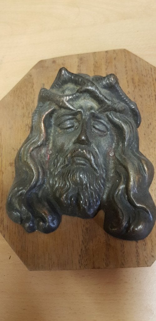 Muur hangers maria en jezus brons op eiken houder, Ophalen of Verzenden