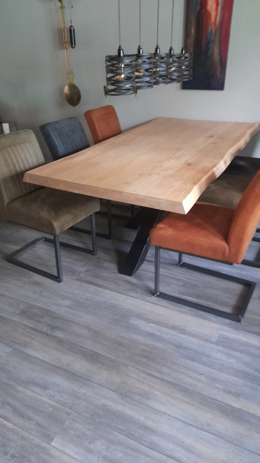 Eiken eettafel met 6 stoelen - robuust en modern, Ophalen, Zo goed als nieuw, Modern, Industrieel, Robuust, 6 tot 8 stoelen