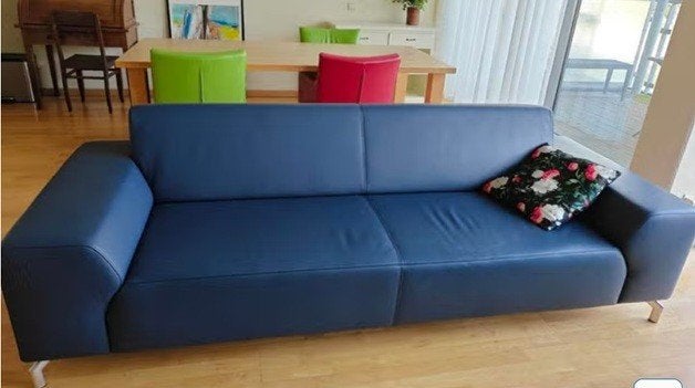 Montel zitbank blauw lederen, Ophalen, Gebruikt, Driepersoons, Leer