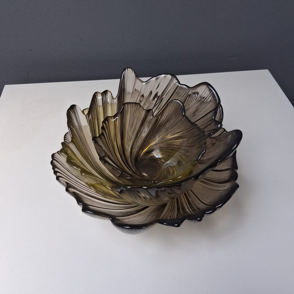 Vintage glazen schalenset 3-delig – rookglas & olijf, Ophalen, Schaal, Overige vormen, Glas