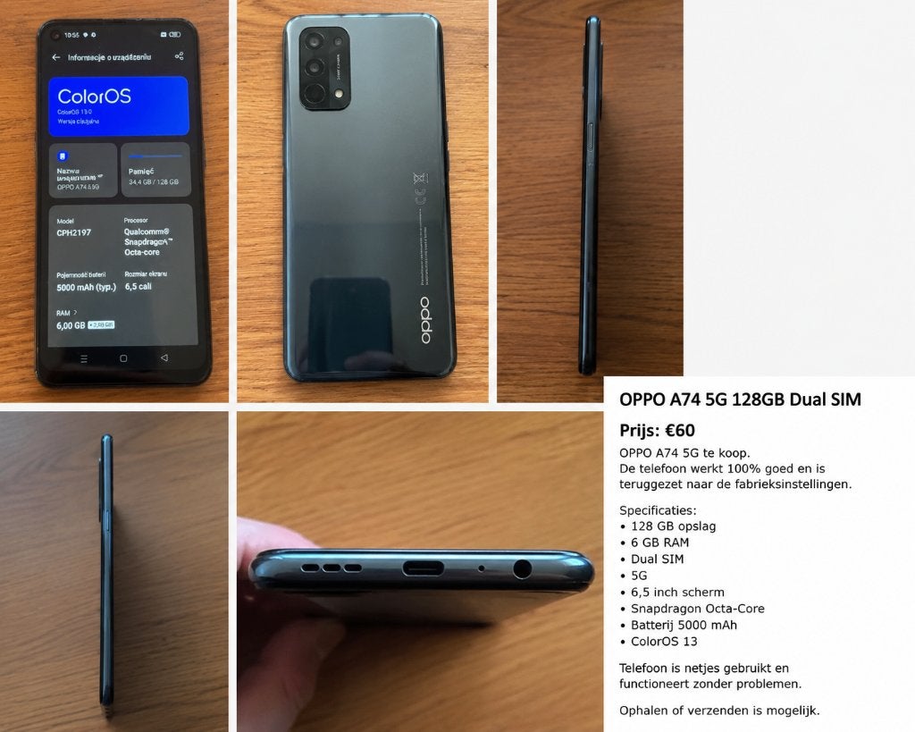 OPPO A74 5G 128GB Dual SIM, Gebruikt, OPPO Mobile Telecommunications Corp., Ltd. No. 18 Haibin Road Wusha, Chang'an Town Dongguan, Guangdong 523860 China