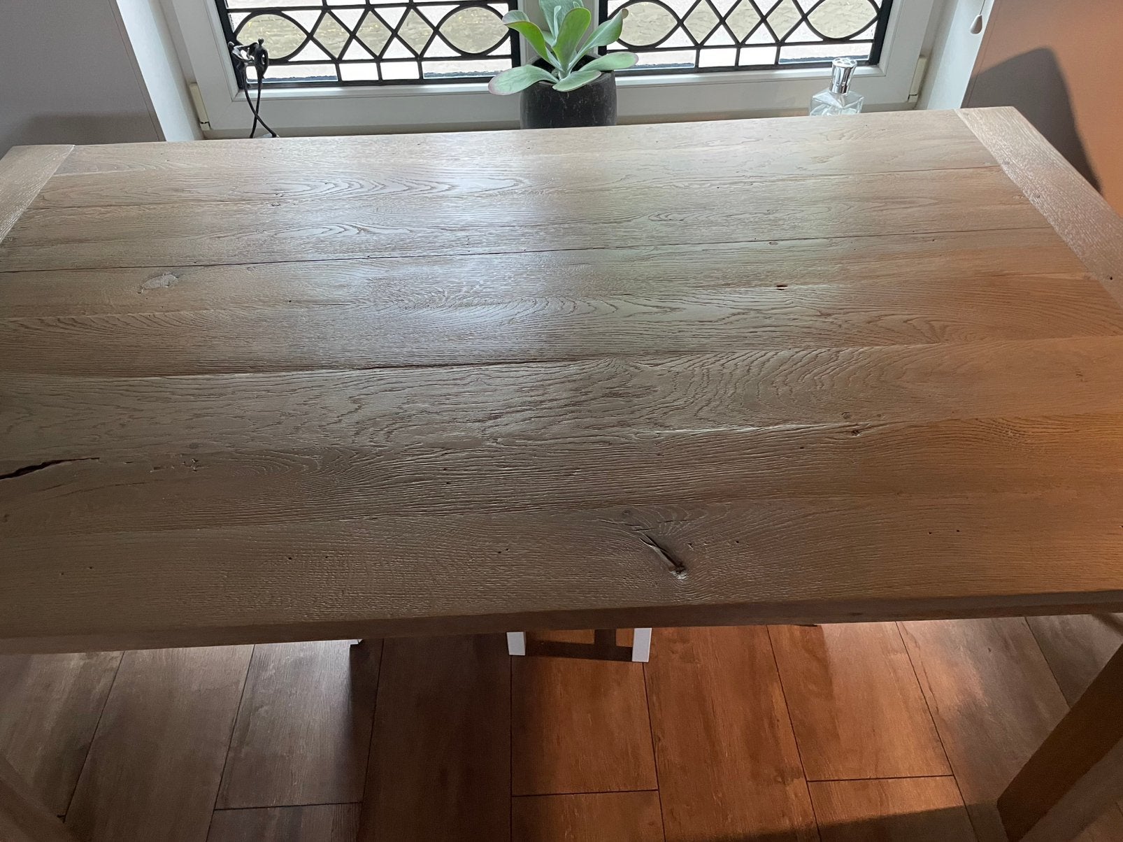 Licht/white wash eiken tafel 160, Ophalen, 50 tot 100 cm, Zo goed als nieuw, 150 tot 200 cm