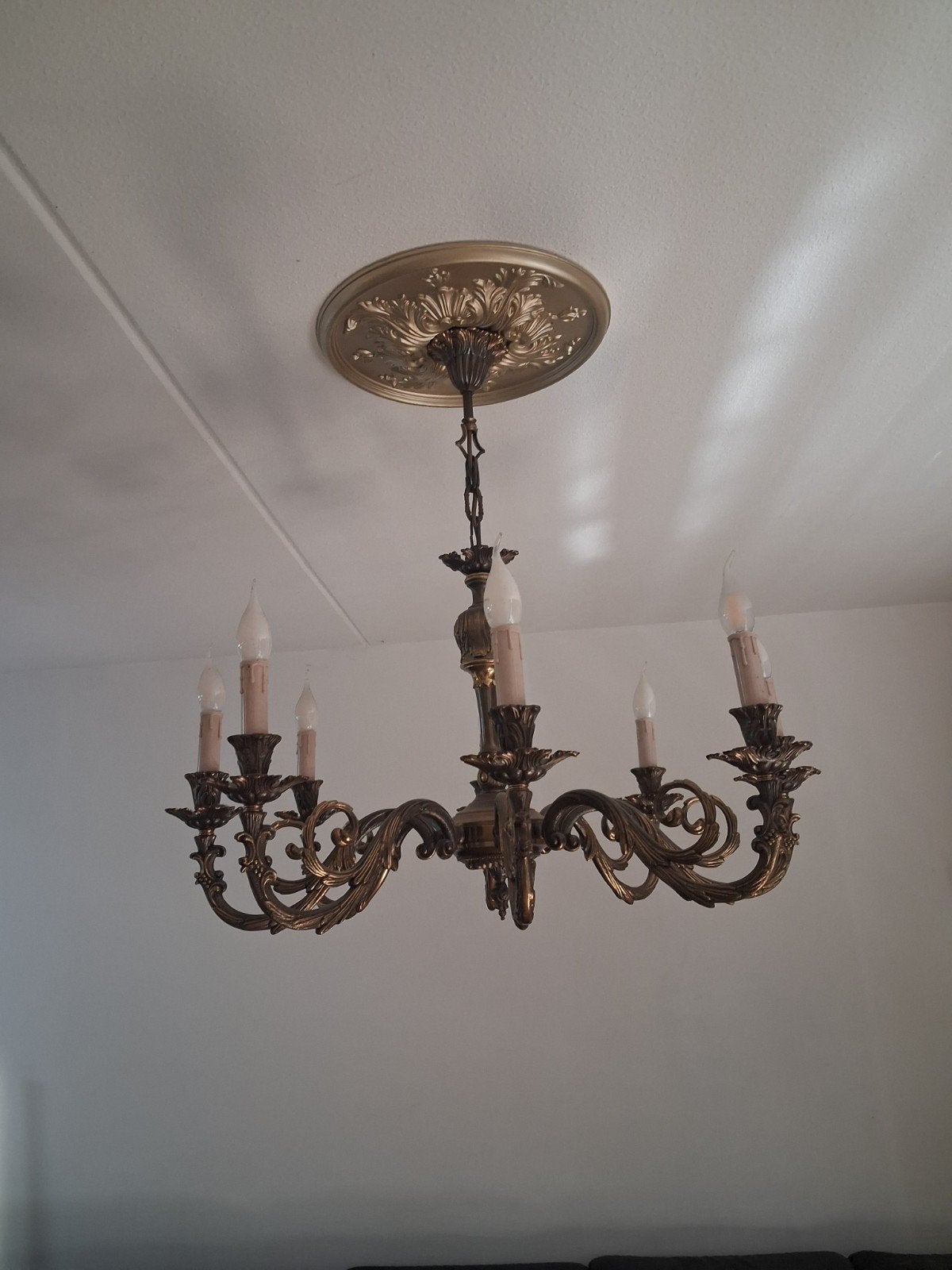 Antieke bronzen kroonluchter met 8 kaarslampen, Ophalen, Gebruikt, E14 (klein), Klassiek, Antiek, Barok